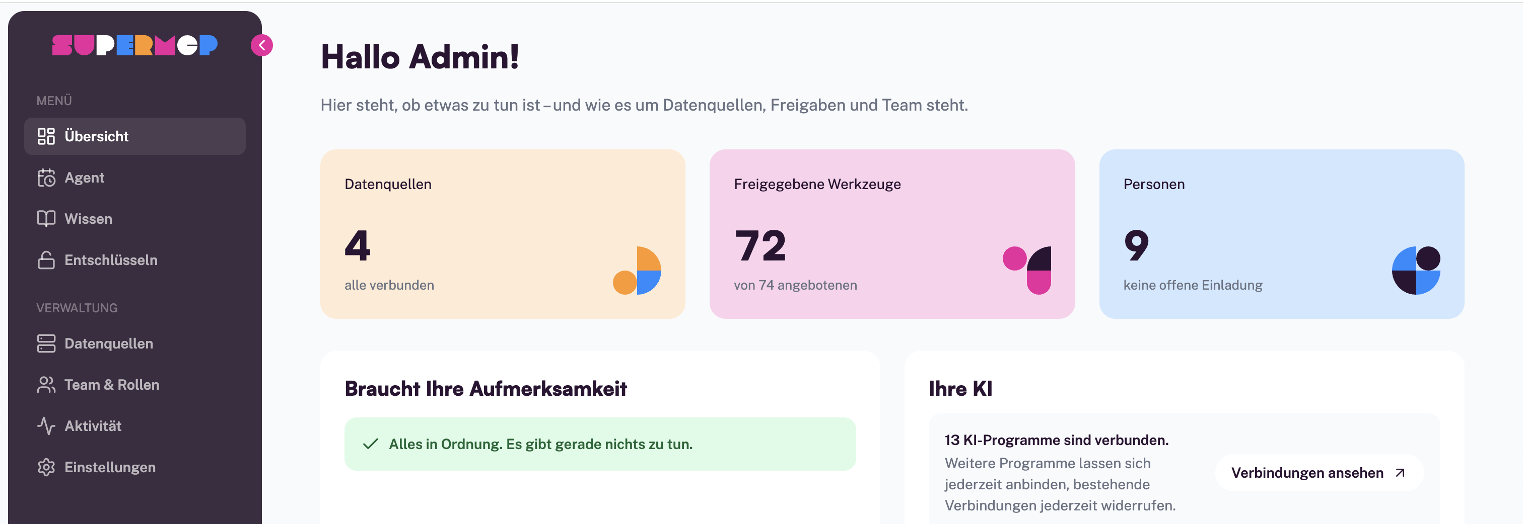 Übersicht des SuperMCP Hub mit Datenquellen, freigegebenen Werkzeugen, Personen und verbundenen KI-Programmen